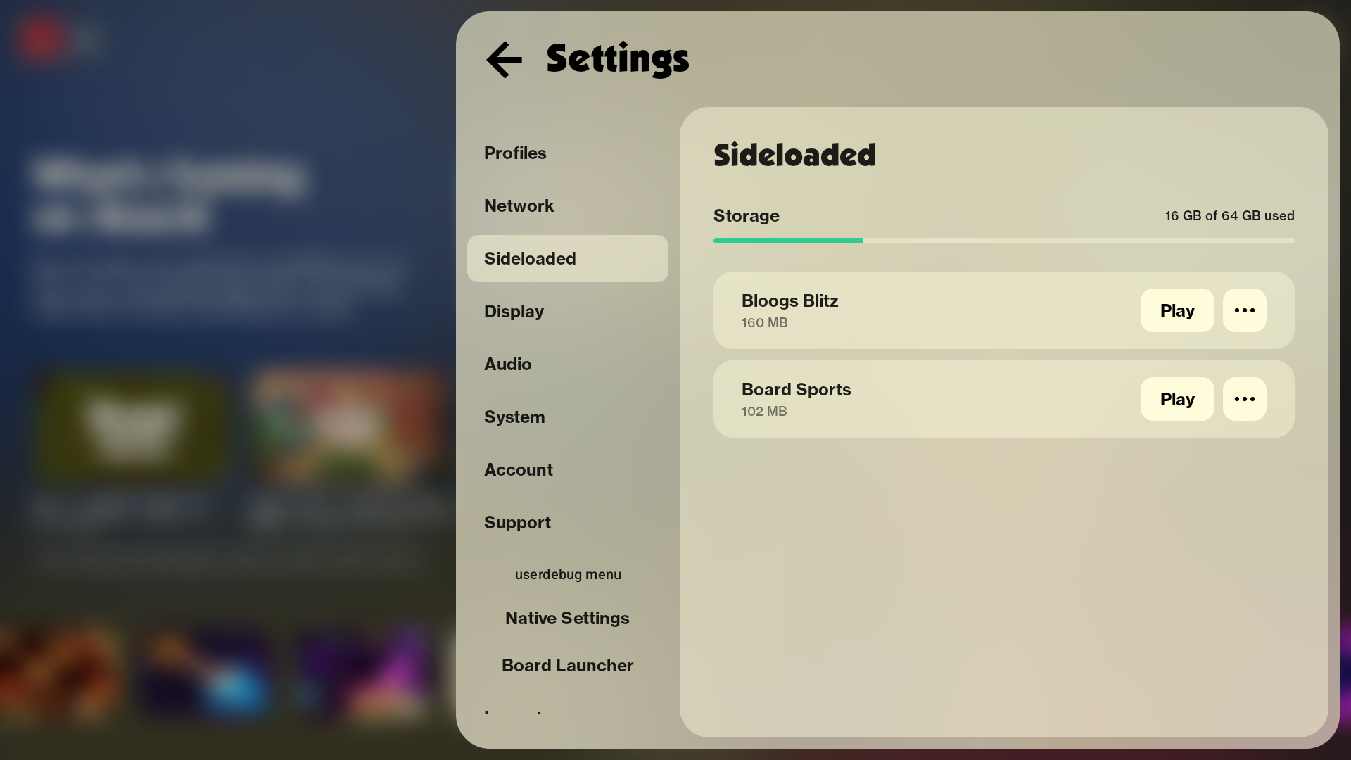 Settings showing the Sideloaded panel with installed games
