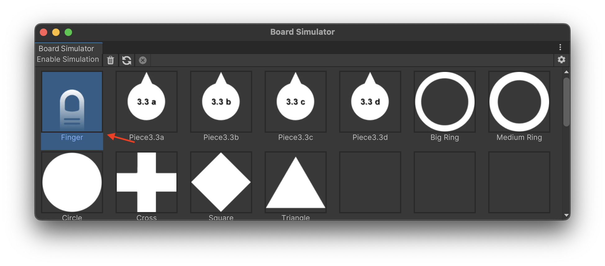 Selecting an icon for placement