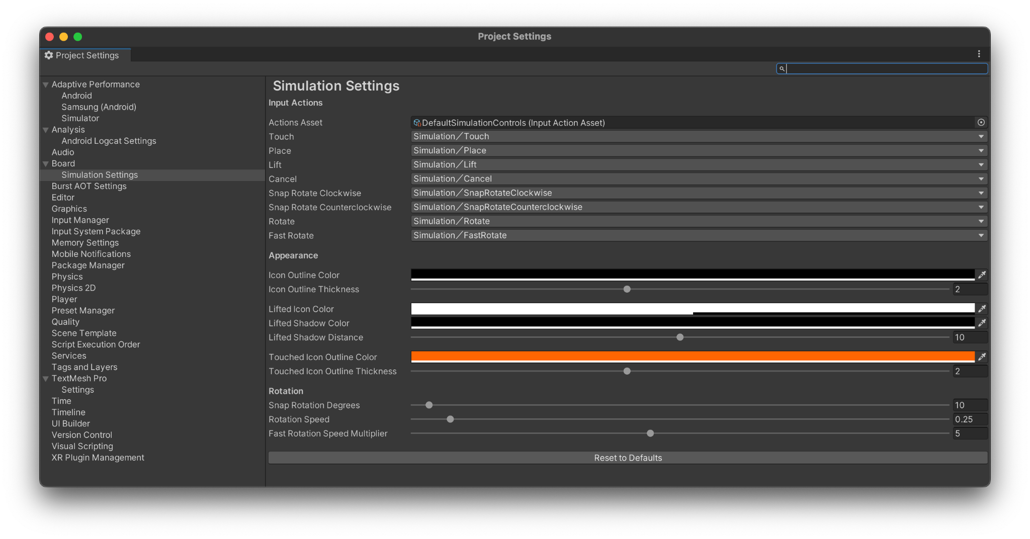 Simulator settings panel
